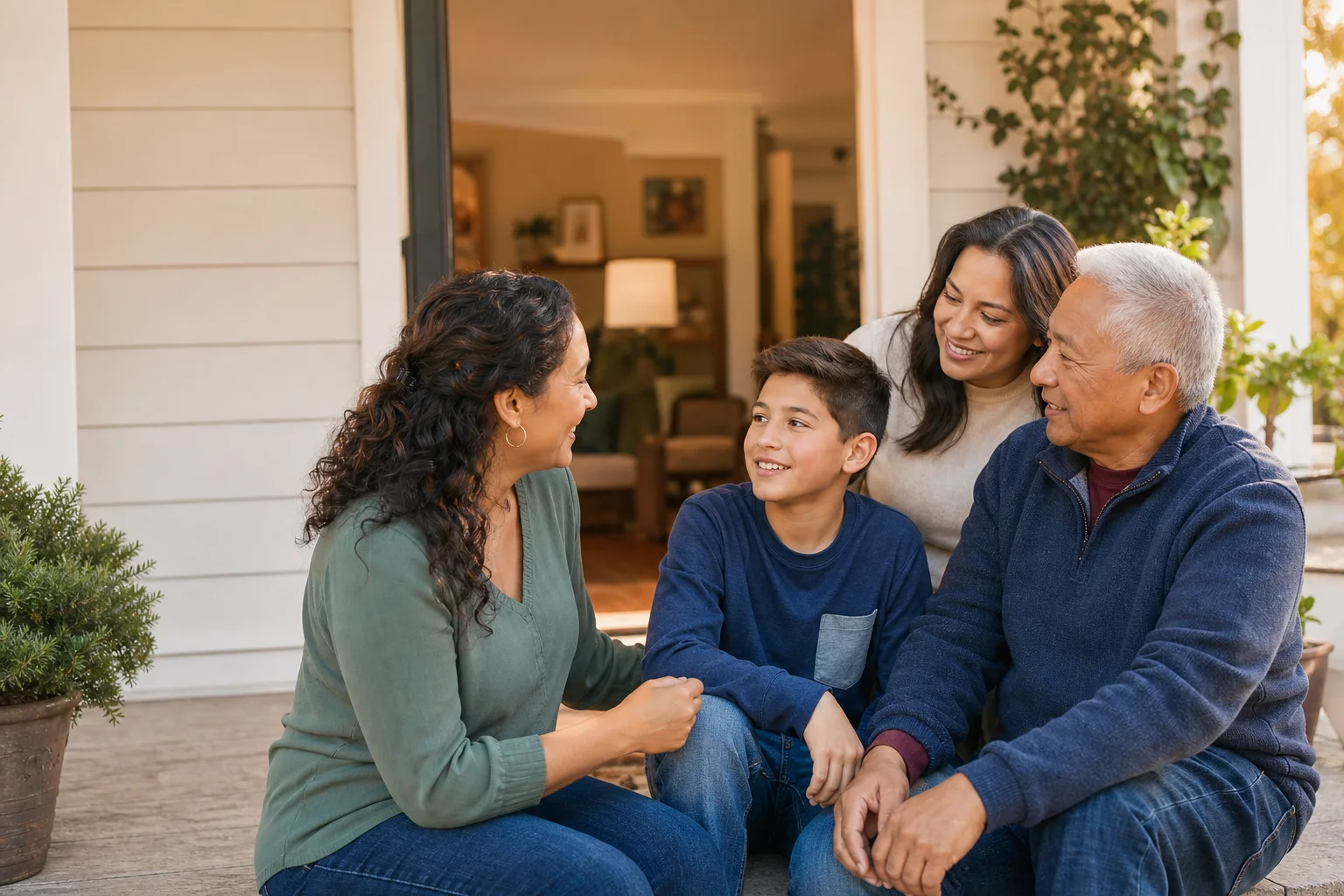 Family meeting a respite host outside a welcoming home