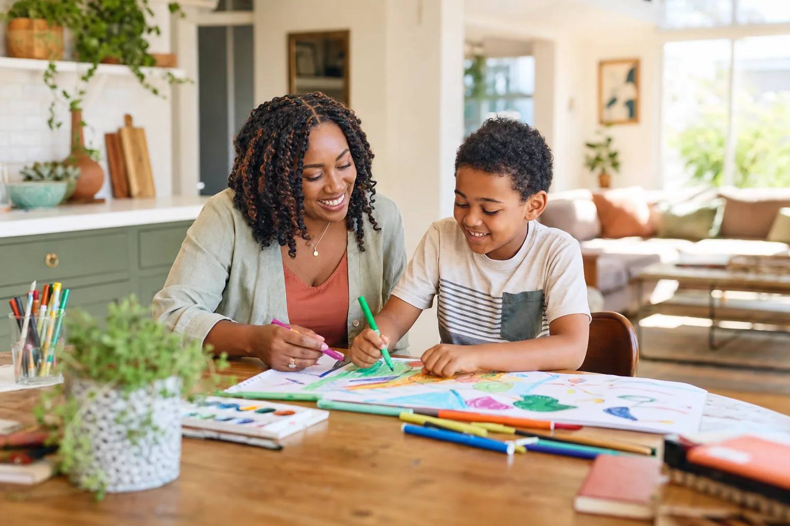 Child enjoying a supervised art activity with a respite host