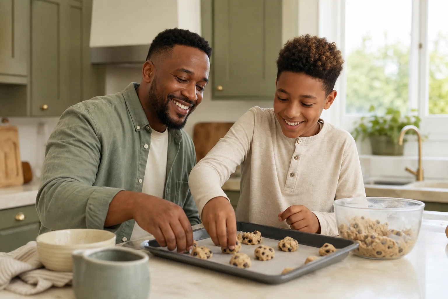 Child baking safely with a respite host in a family kitchen