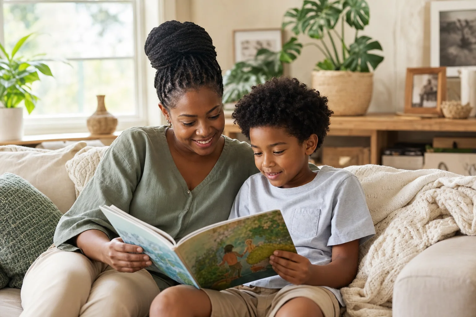 Child reading with a respite host in a calm home setting